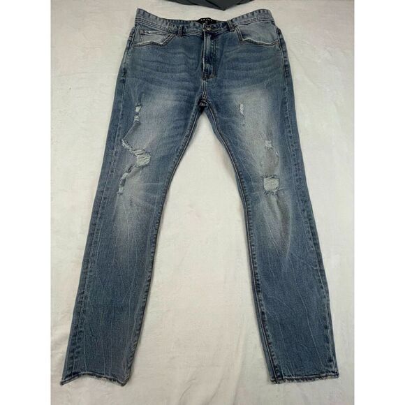 Akoo Straight Jeans Men's Size 38 Blue Denim Solid Cotton Distressed High-Rise - Picture 1 of 16